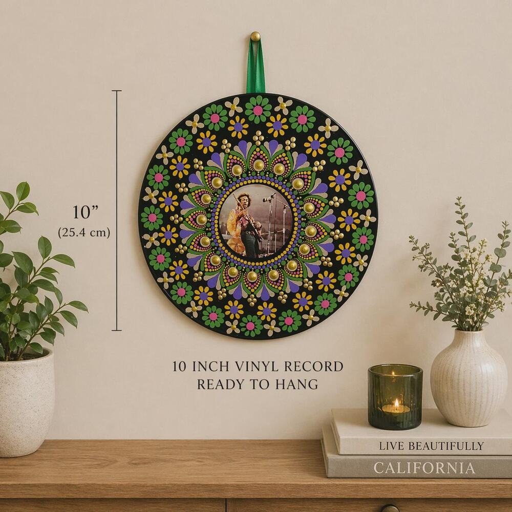 Jimi Hendrix Vinyl Record Wall Art, Hand Painted Mandala Decor, Wall Hanging